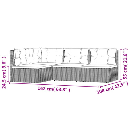 4 pcs conjunto lounge de jardim c/ almofadões vime PE cinzento