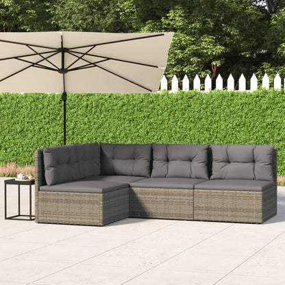 4 pcs conjunto lounge de jardim c/ almofadões vime PE cinzento