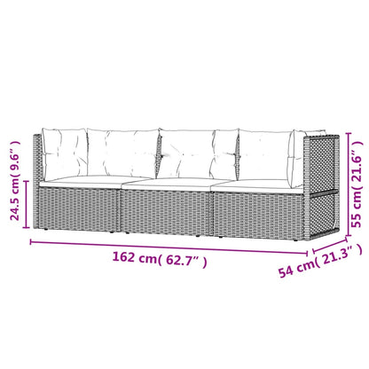 3 pcs conjunto lounge de jardim c/ almofadões vime PE cinzento