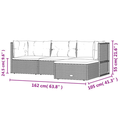 4 pcs conjunto lounge de jardim c/ almofadões vime PE cinzento