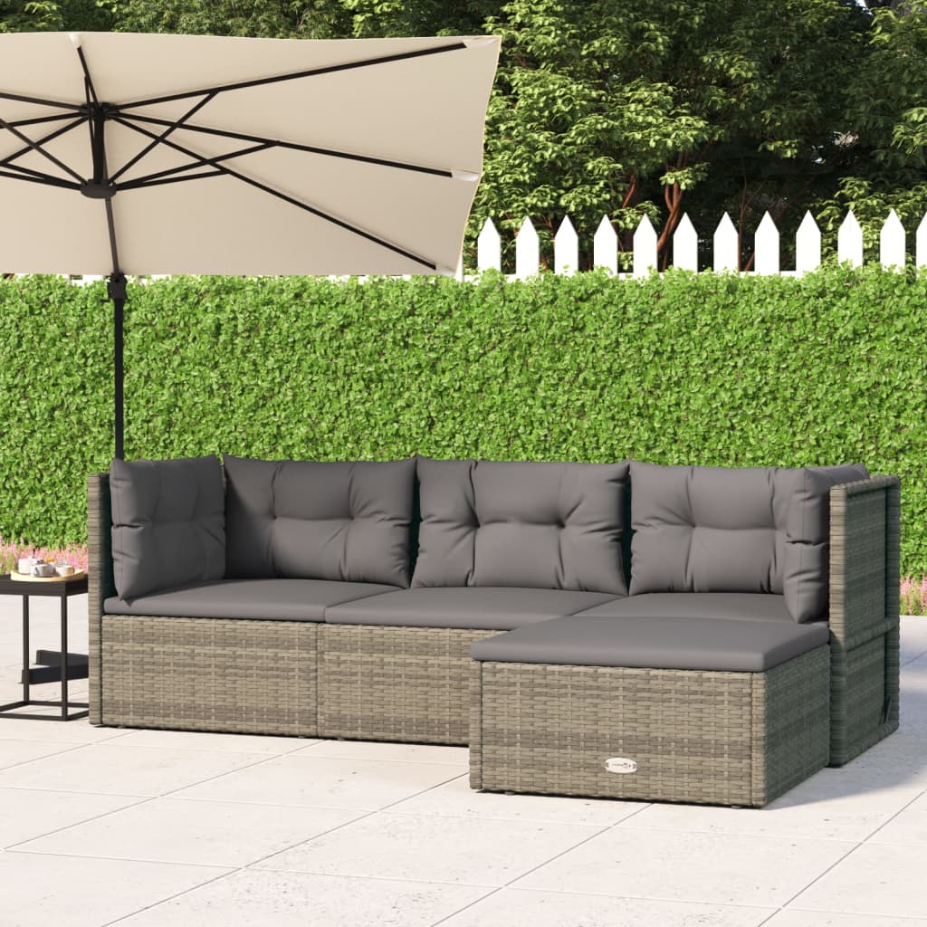 4 pcs conjunto lounge de jardim c/ almofadões vime PE cinzento