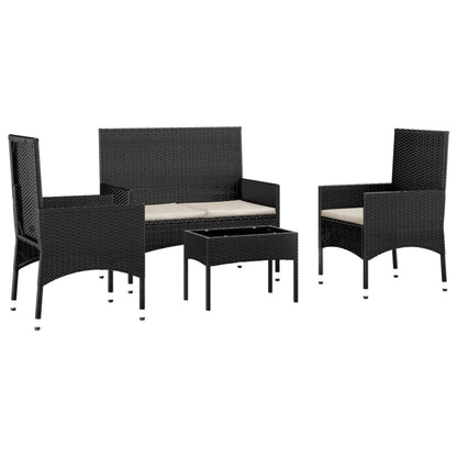 4 pcs conjunto lounge de jardim c/ almofadões vime PE preto