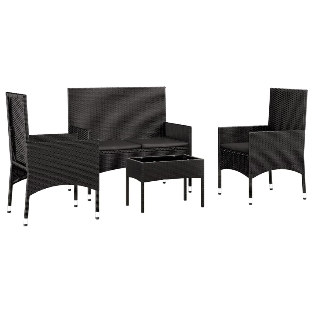 4 pcs conjunto lounge de jardim c/ almofadões vime PE preto