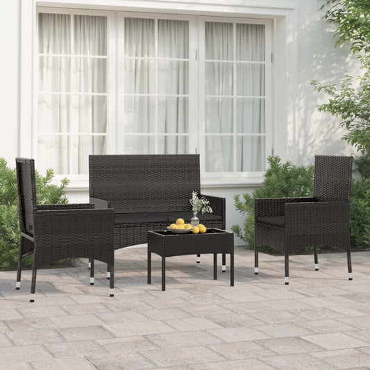 4 pcs conjunto lounge de jardim c/ almofadões vime PE preto