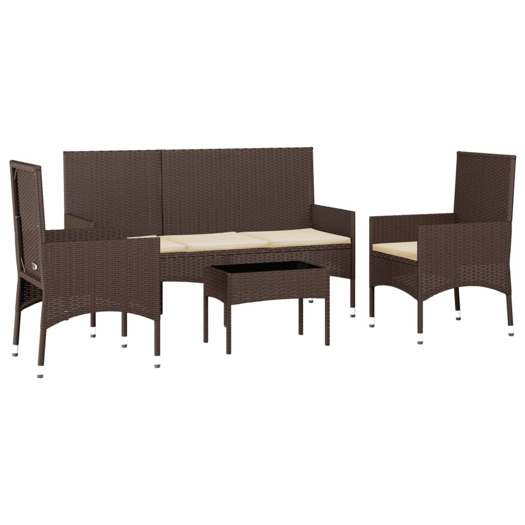 4 pcs conjunto lounge jardim c/ almofadões vime PE castanho