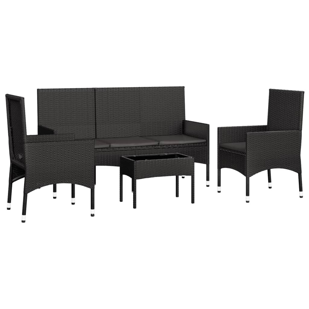 4 pcs conjunto lounge de jardim c/ almofadões vime PE preto