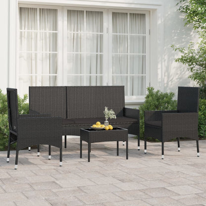 4 pcs conjunto lounge de jardim c/ almofadões vime PE preto