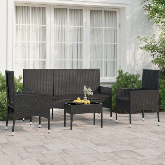 4 pcs conjunto lounge de jardim c/ almofadões vime PE preto