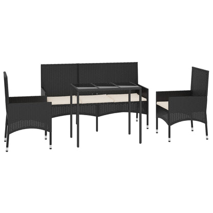 4 pcs conjunto lounge de jardim c/ almofadões vime PE preto