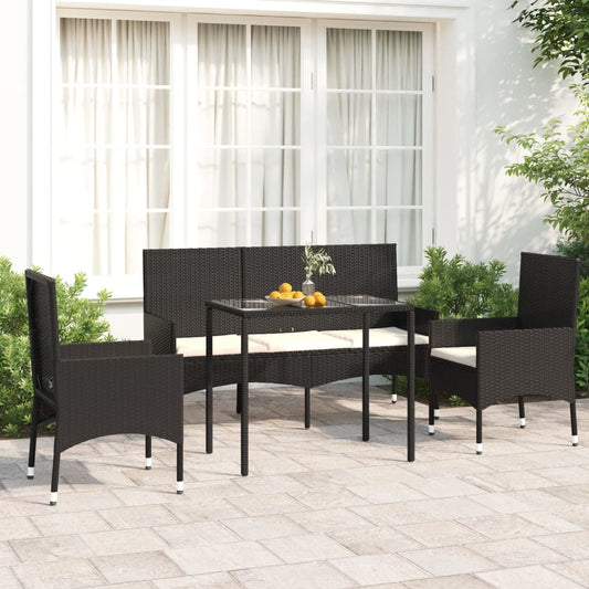 4 pcs conjunto lounge de jardim c/ almofadões vime PE preto