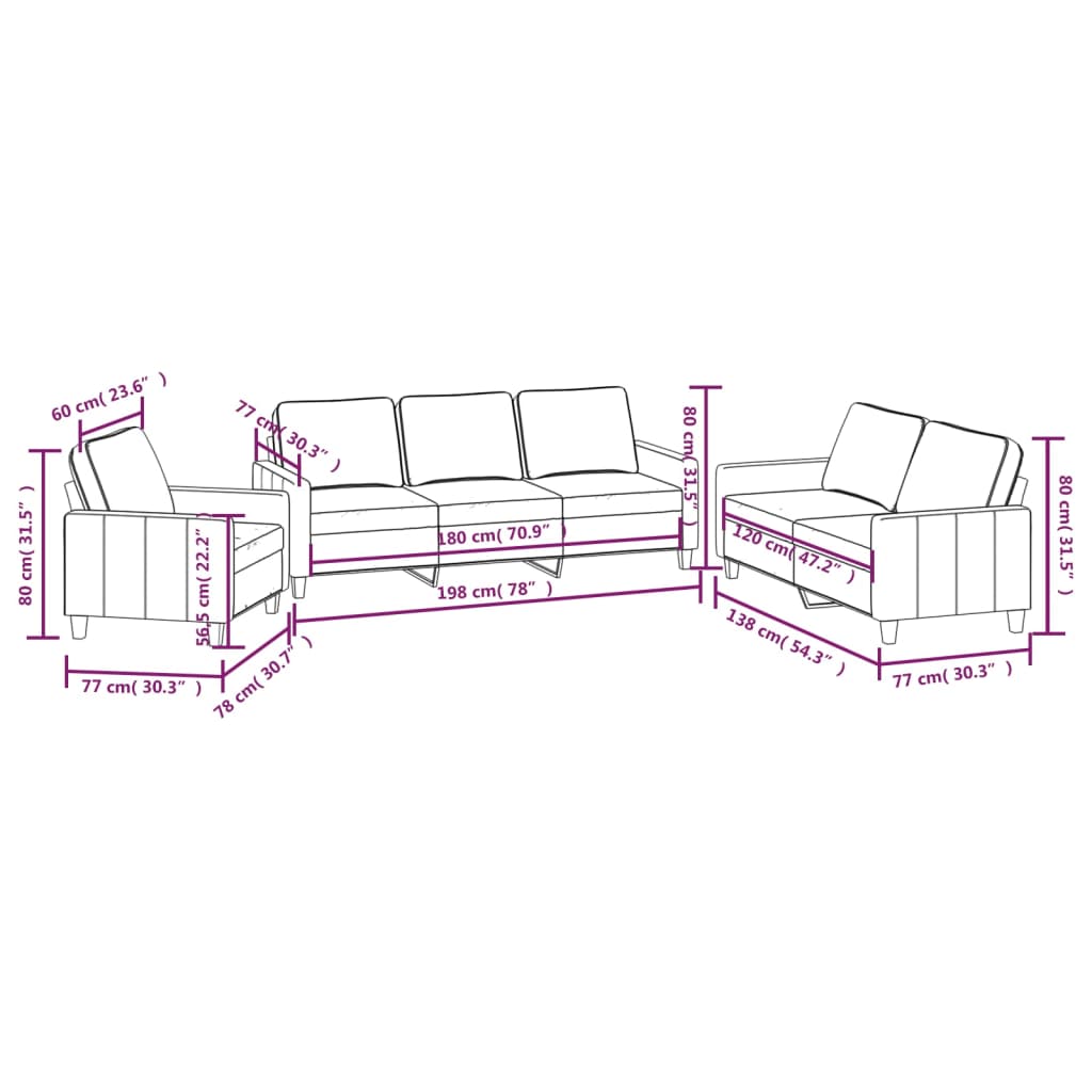 3 pcs conjunto de sofás com almofadões tecido cinzento-claro