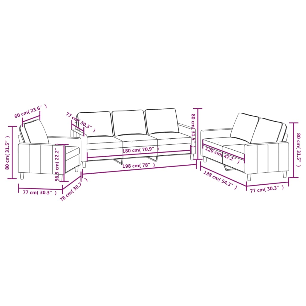 3 pcs conjunto de sofás com almofadões veludo cinzento-claro