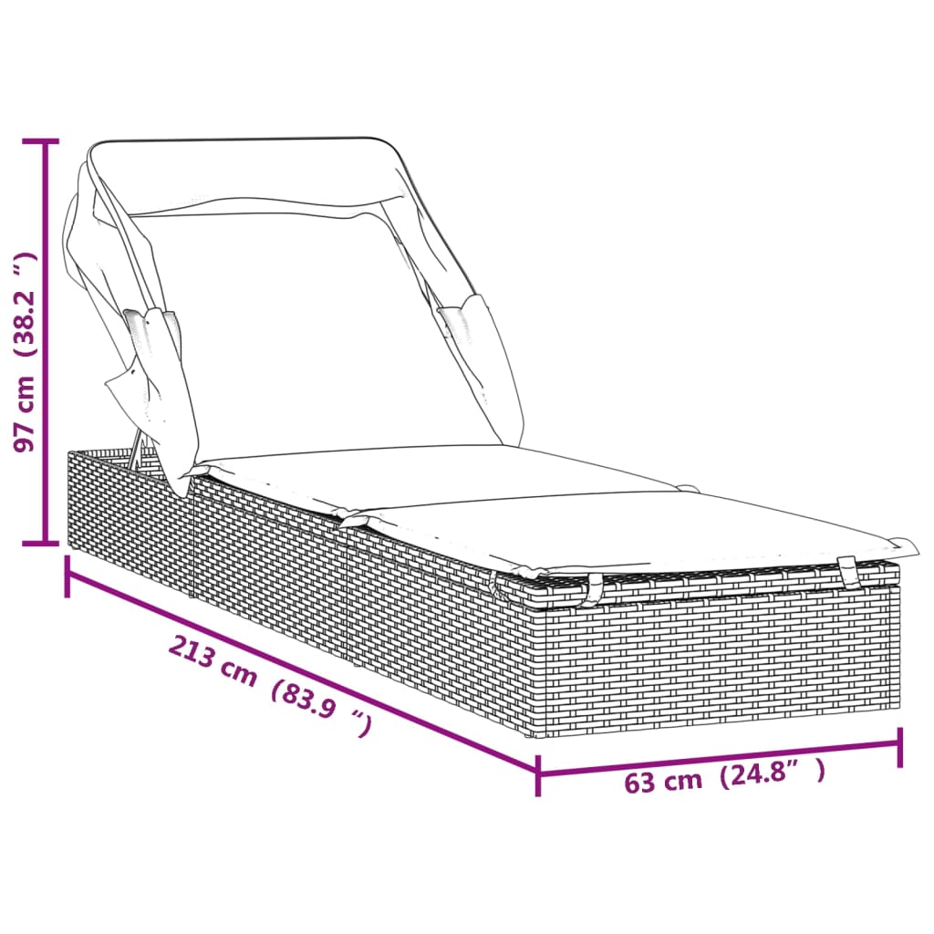 Espreguiçadeira c/ toldo dobrável 213x63x97 cm vime PE cinzento