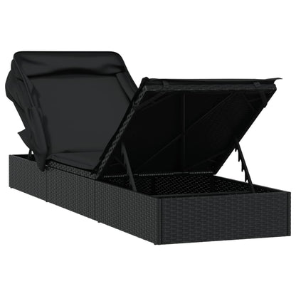 Espreguiçadeira c/ toldo dobrável 213x63x97 cm vime PE preto