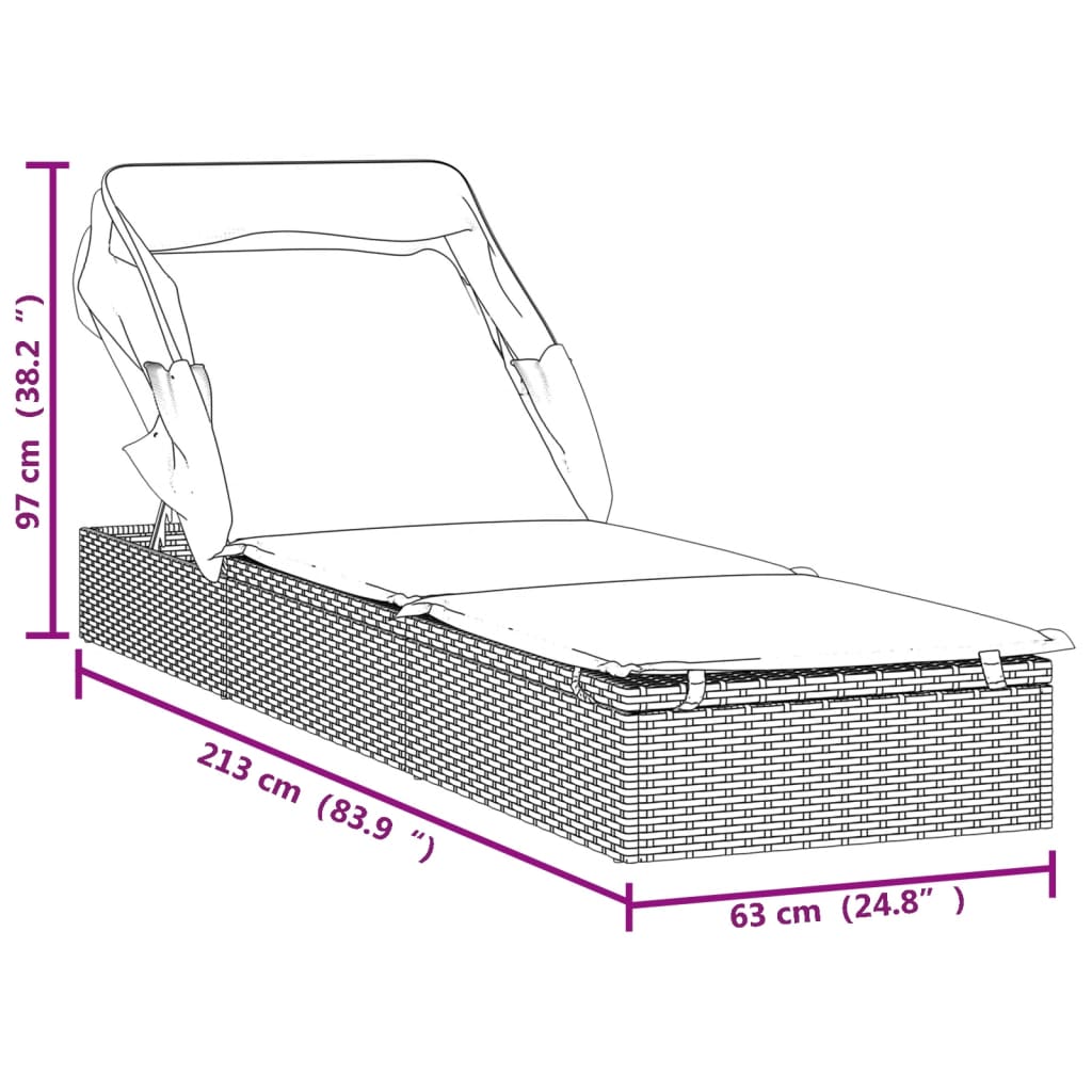 Espreguiçadeira c/ toldo dobrável 213x63x97 cm vime PE preto