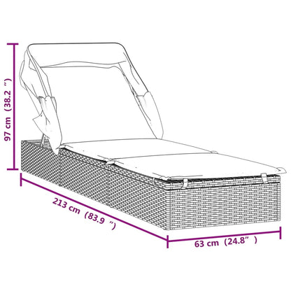 Espreguiçadeira c/ toldo dobrável 213x63x97 cm vime PE preto