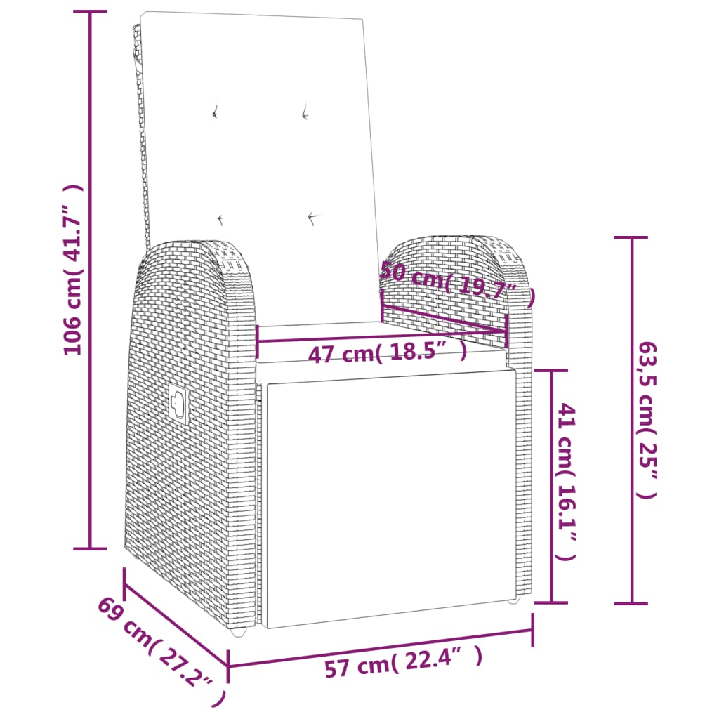 Cadeiras de jardim reclináveis c/ almofadões 2pcs vime PE cinza