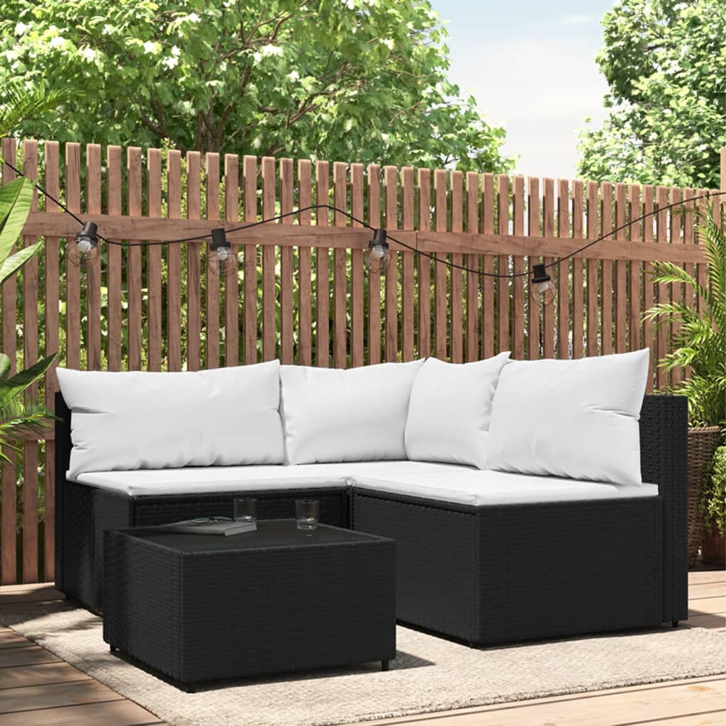 4 pcs conjunto lounge de jardim c/ almofadões vime PE preto