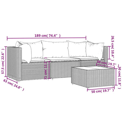 4 pcs conjunto lounge de jardim c/ almofadões vime PE preto