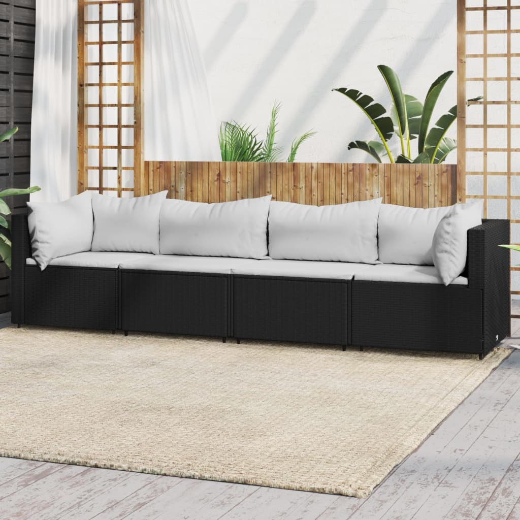 4 pcs conjunto lounge de jardim c/ almofadões vime PE preto