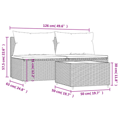 3 pcs conjunto lounge de jardim c/ almofadões vime PE preto