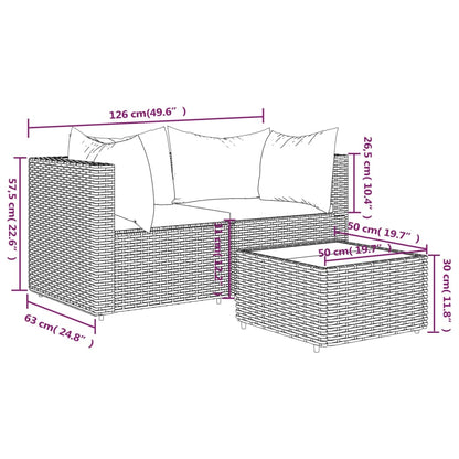 3 pcs conjunto lounge jardim c/ almofadões vime PE castanho