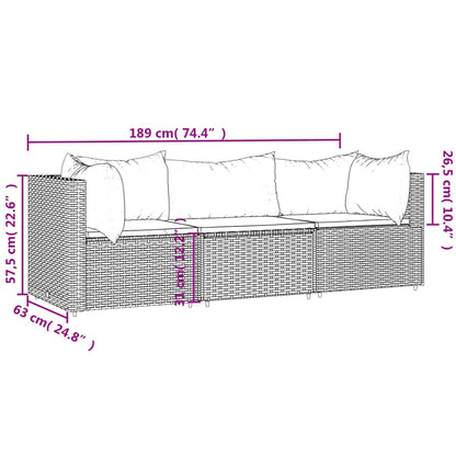 3 pcs conjunto lounge jardim c/ almofadões vime PE castanho