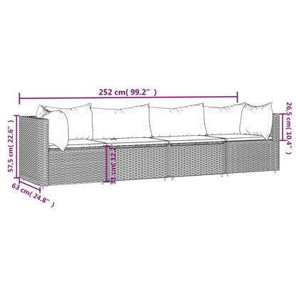 4 pcs conjunto lounge jardim c/ almofadões vime PE castanho