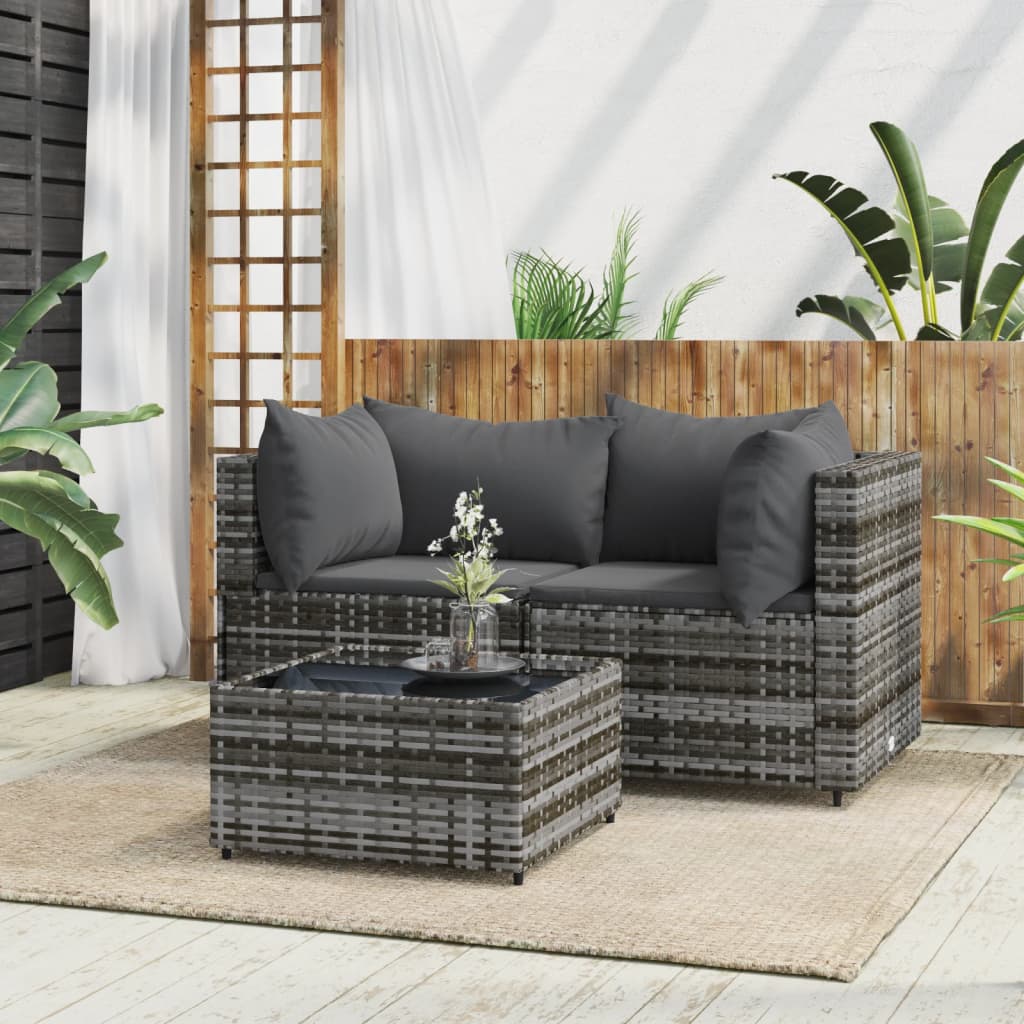 3 pcs conjunto lounge de jardim c/ almofadões vime PE cinzento