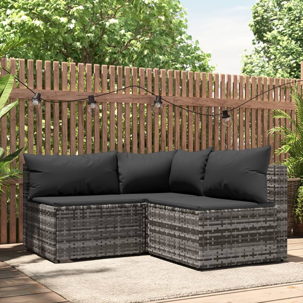 3 pcs conjunto lounge de jardim c/ almofadões vime PE cinzento