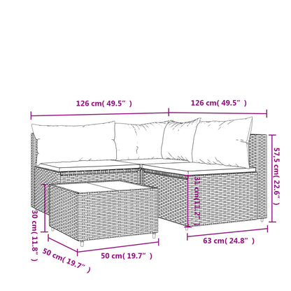 4 pcs conjunto lounge de jardim c/ almofadões vime PE cinzento