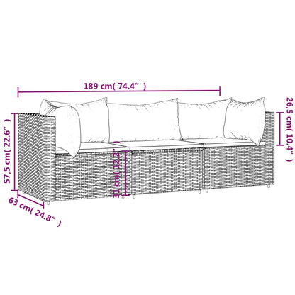 3 pcs conjunto lounge de jardim c/ almofadões vime PE cinzento