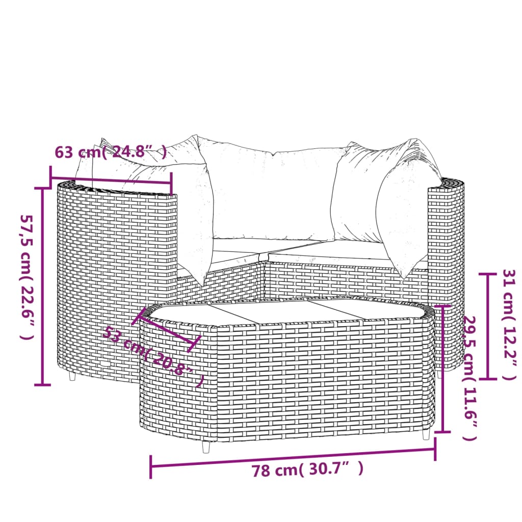 4 pcs conjunto lounge de jardim c/ almofadões vime PE cinzento