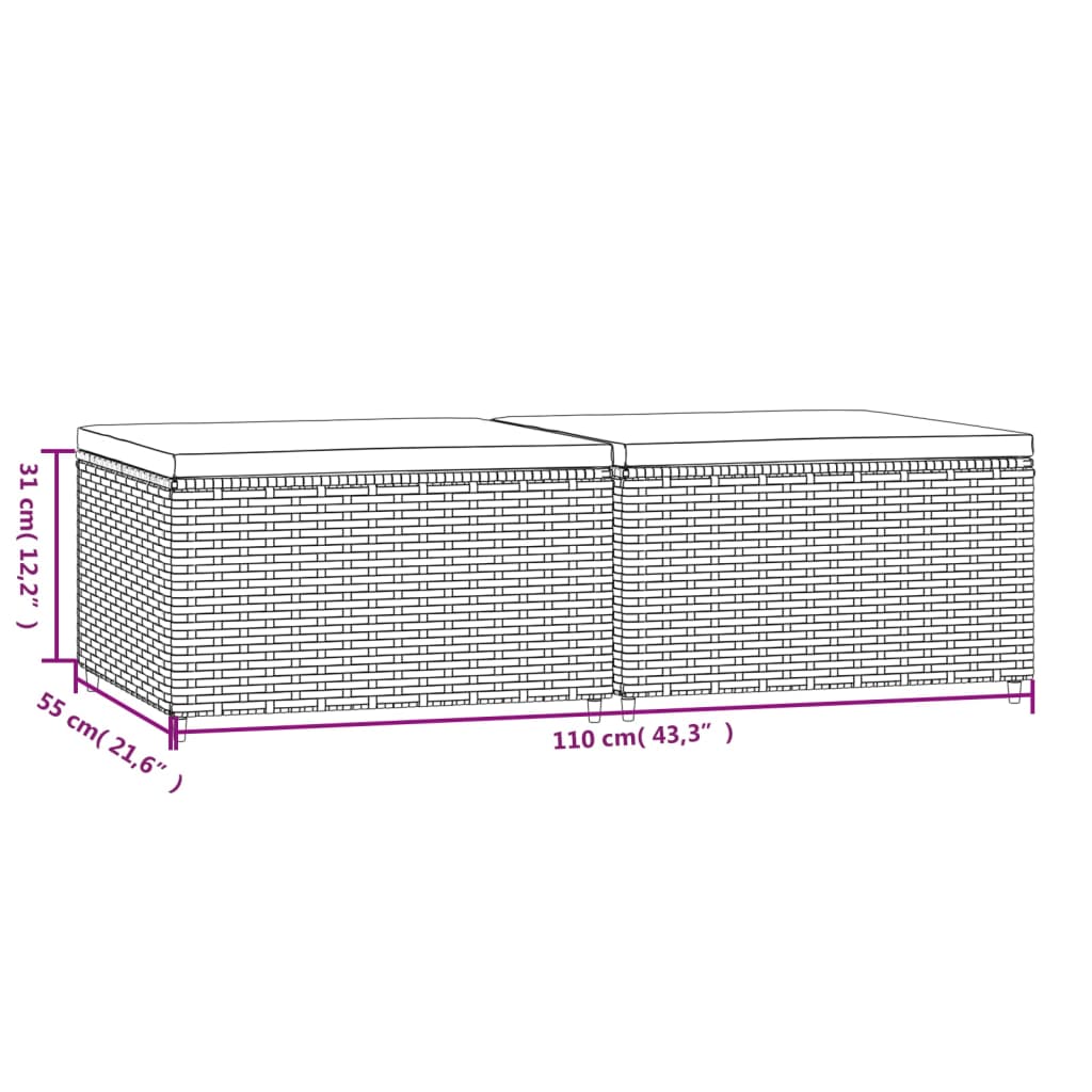 Apoios de pés para jardim com almofadões 2 pcs vime PE preto