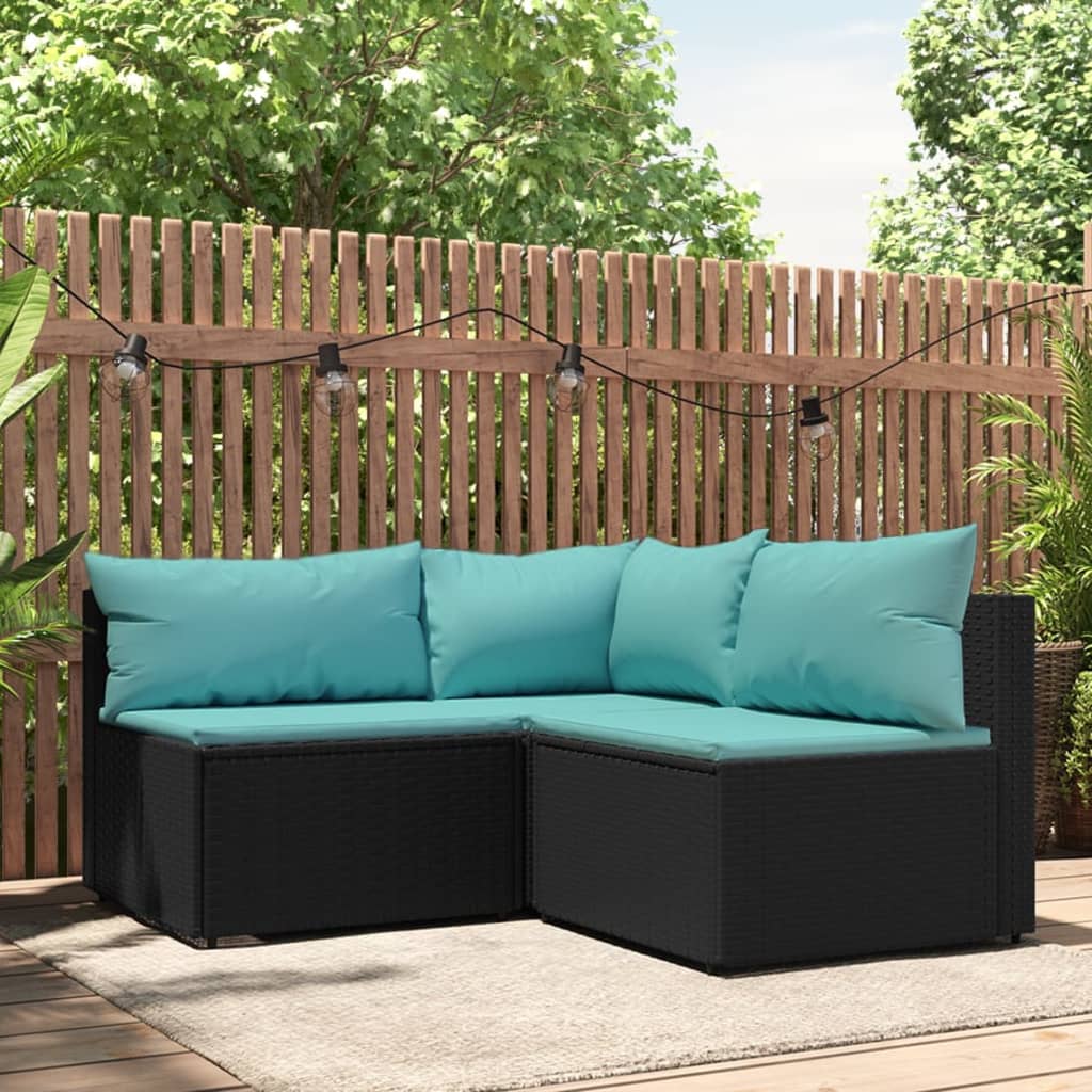 3 pcs conjunto lounge de jardim c/ almofadões vime PE preto