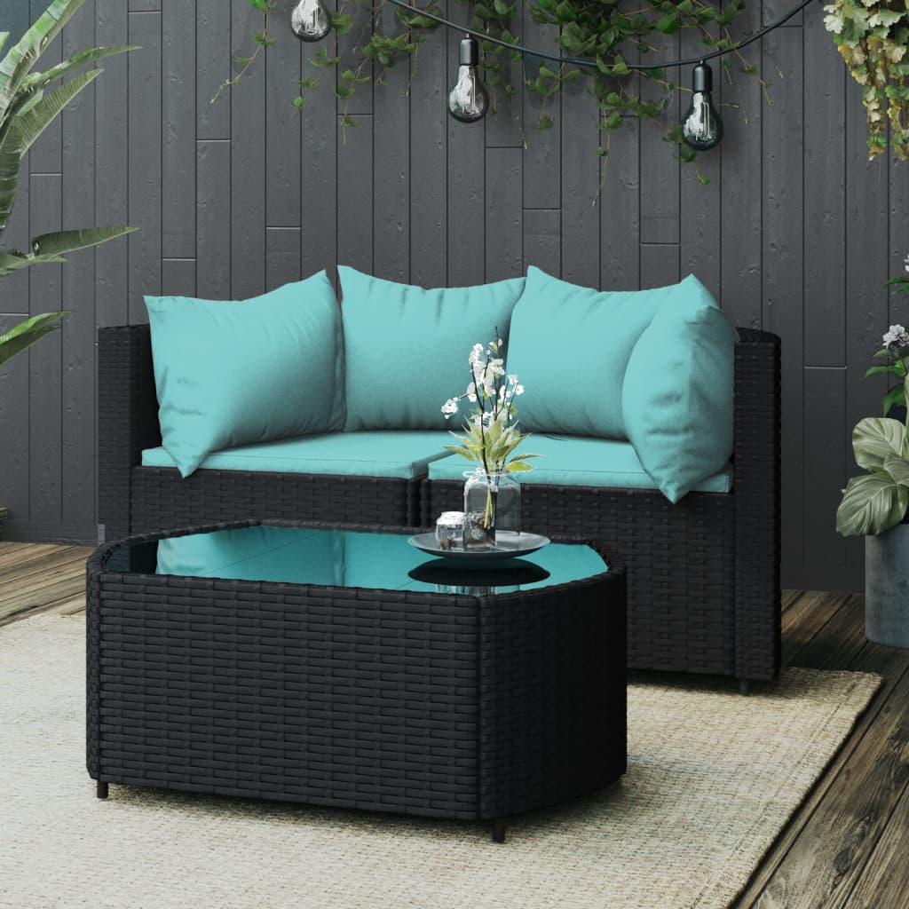 3 pcs conjunto lounge de jardim c/ almofadões vime PE preto