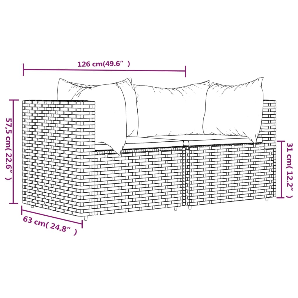 Sofás de canto para jardim com almofadões 2pcs vime PE castanho