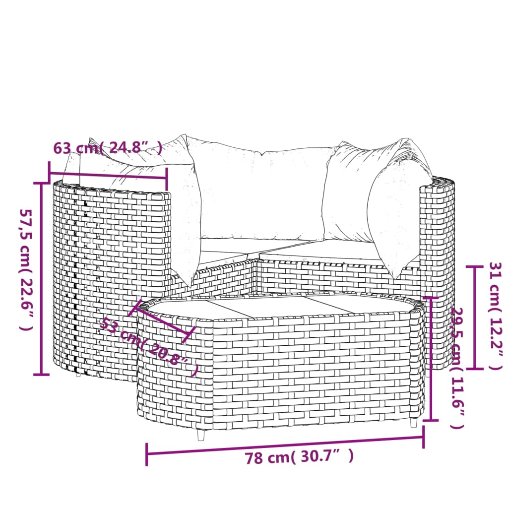 4 pcs conjunto lounge jardim c/ almofadões vime PE castanho