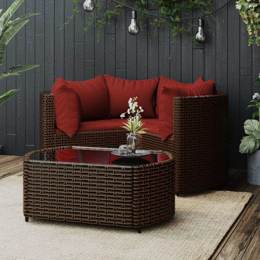 4 pcs conjunto lounge jardim c/ almofadões vime PE castanho