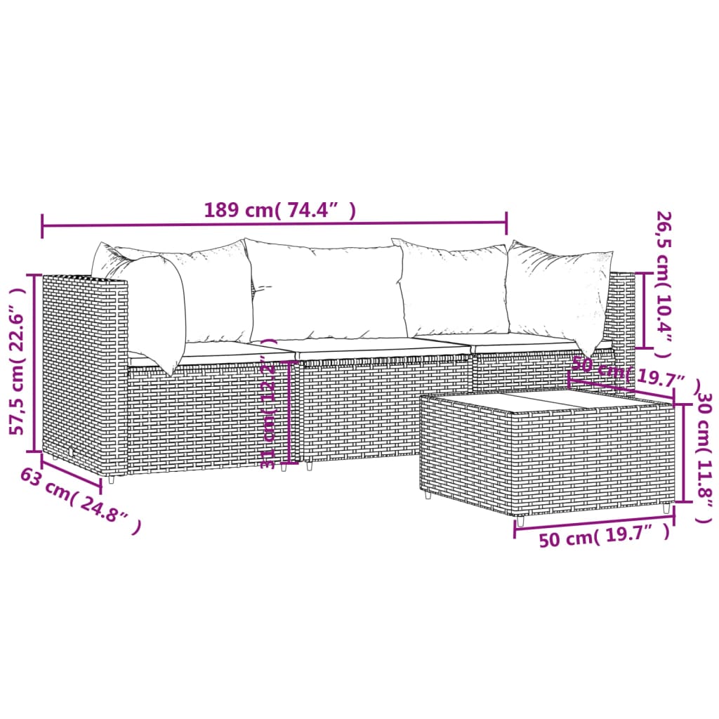 4 pcs conjunto lounge jardim c/ almofadões vime PE castanho