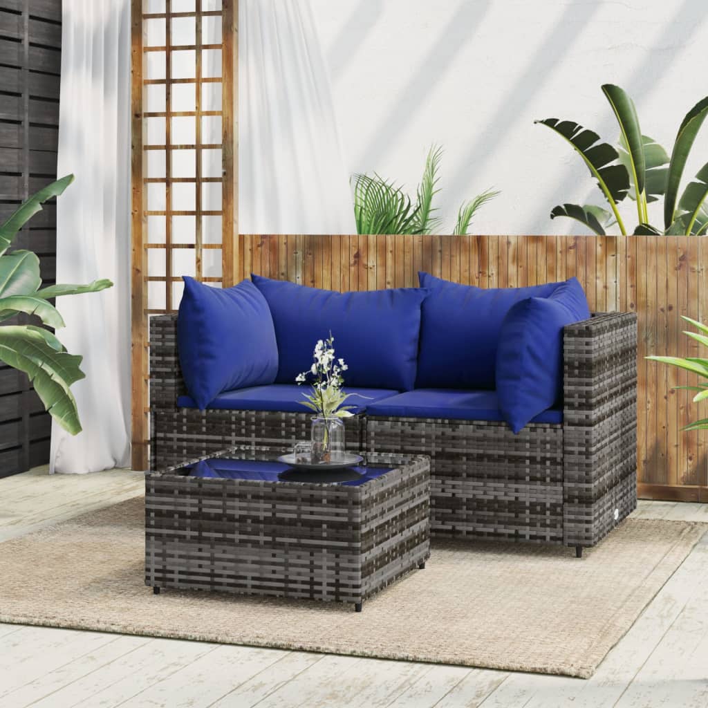 3 pcs conjunto lounge de jardim c/ almofadões vime PE cinzento