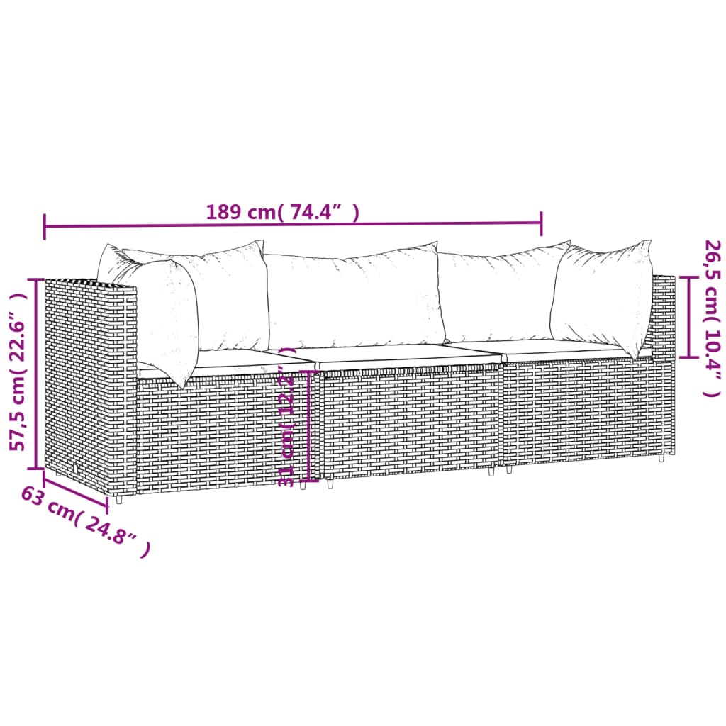 3 pcs conjunto lounge de jardim c/ almofadões vime PE cinzento