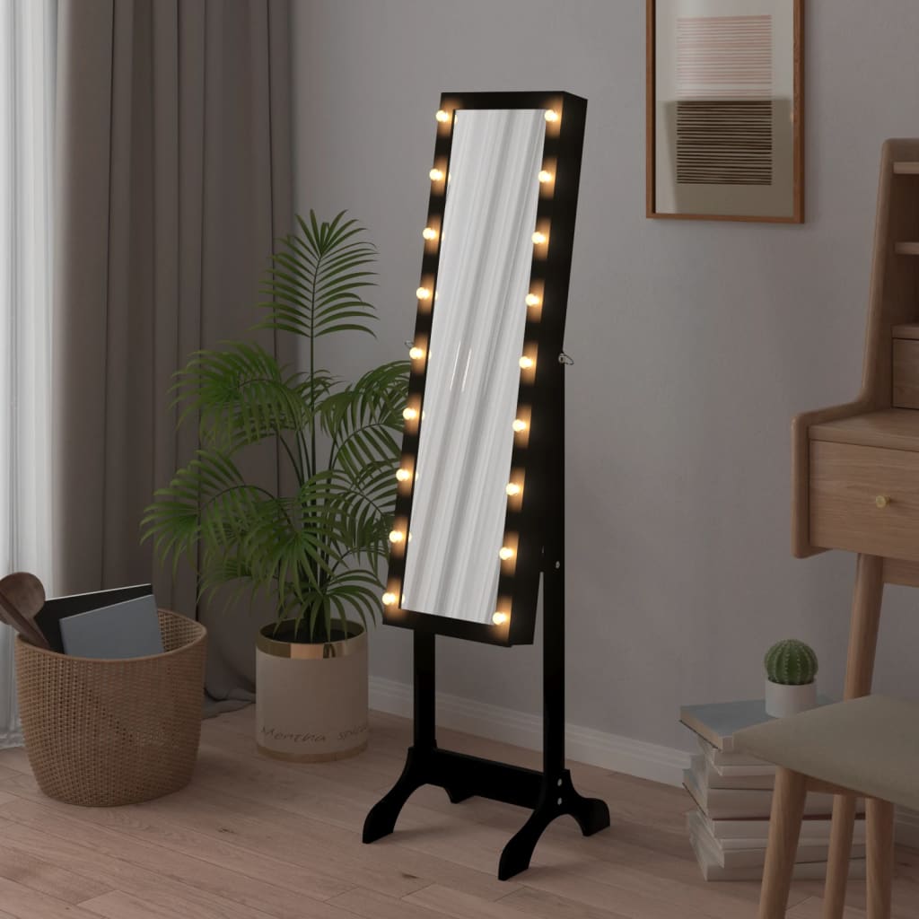 Espelho de Pé Belu com Luzes LED e Guarda Joias - Preto - Design Moderno