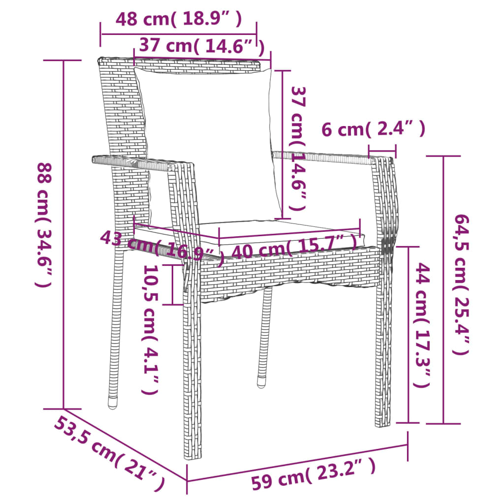 Cadeiras de jardim c/ almofadões 2 pcs vime PE cinzento