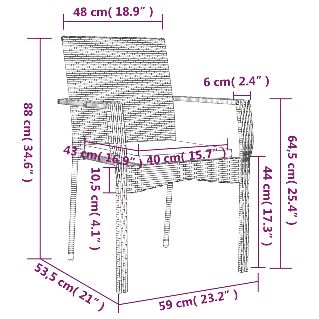 Cadeiras de jardim c/ almofadões 2 pcs vime PE cinzento