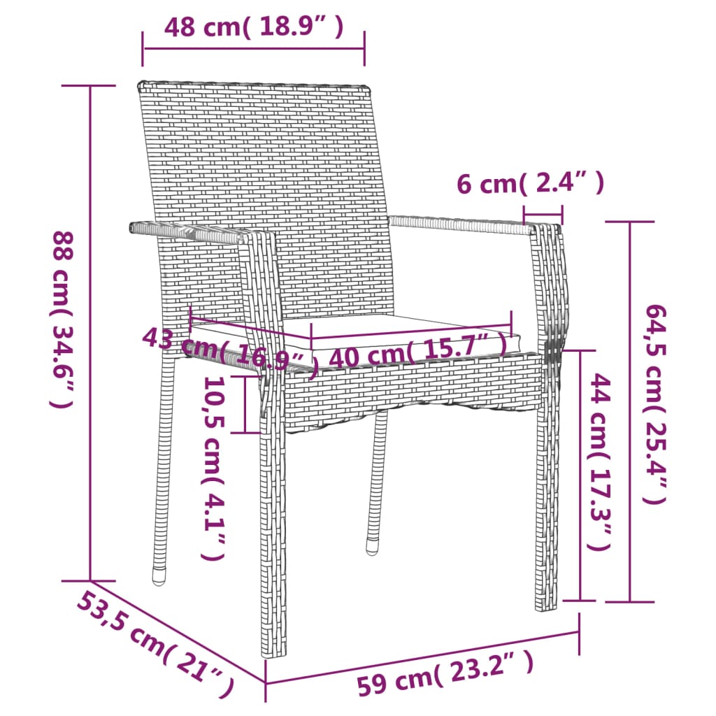 Cadeiras de jardim c/ almofadões 4 pcs vime PE cinzento