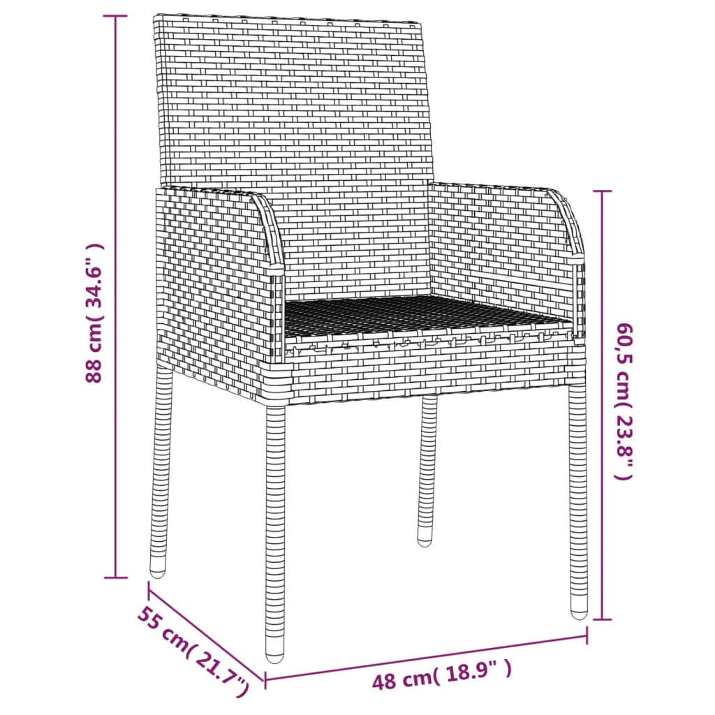 Cadeiras de jardim c/ almofadões 2 pcs vime PE cinzento