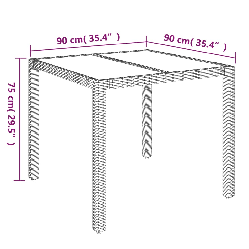 Mesa de jardim com tampo de vidro 90x90x75 cm vime PE preto