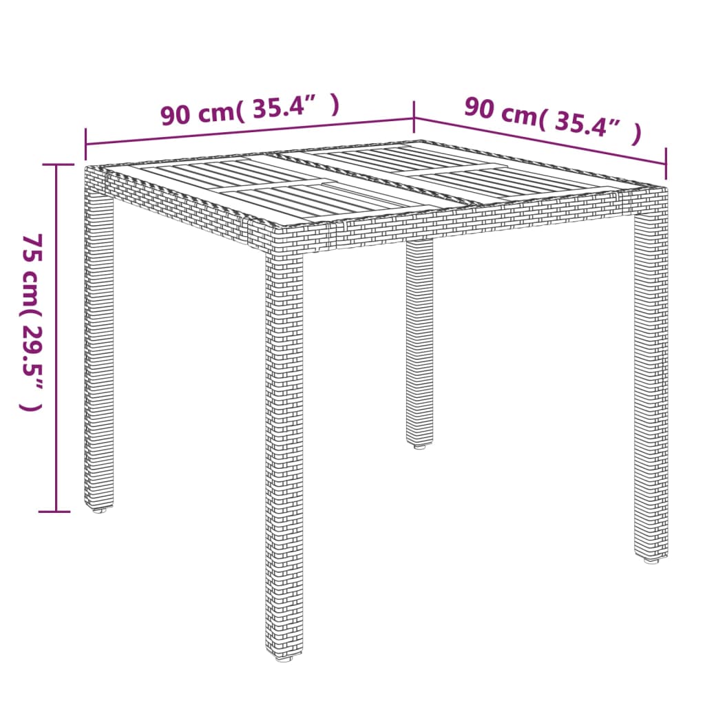 Mesa de jardim com tampo de madeira 90x90x75 cm vime PE preto