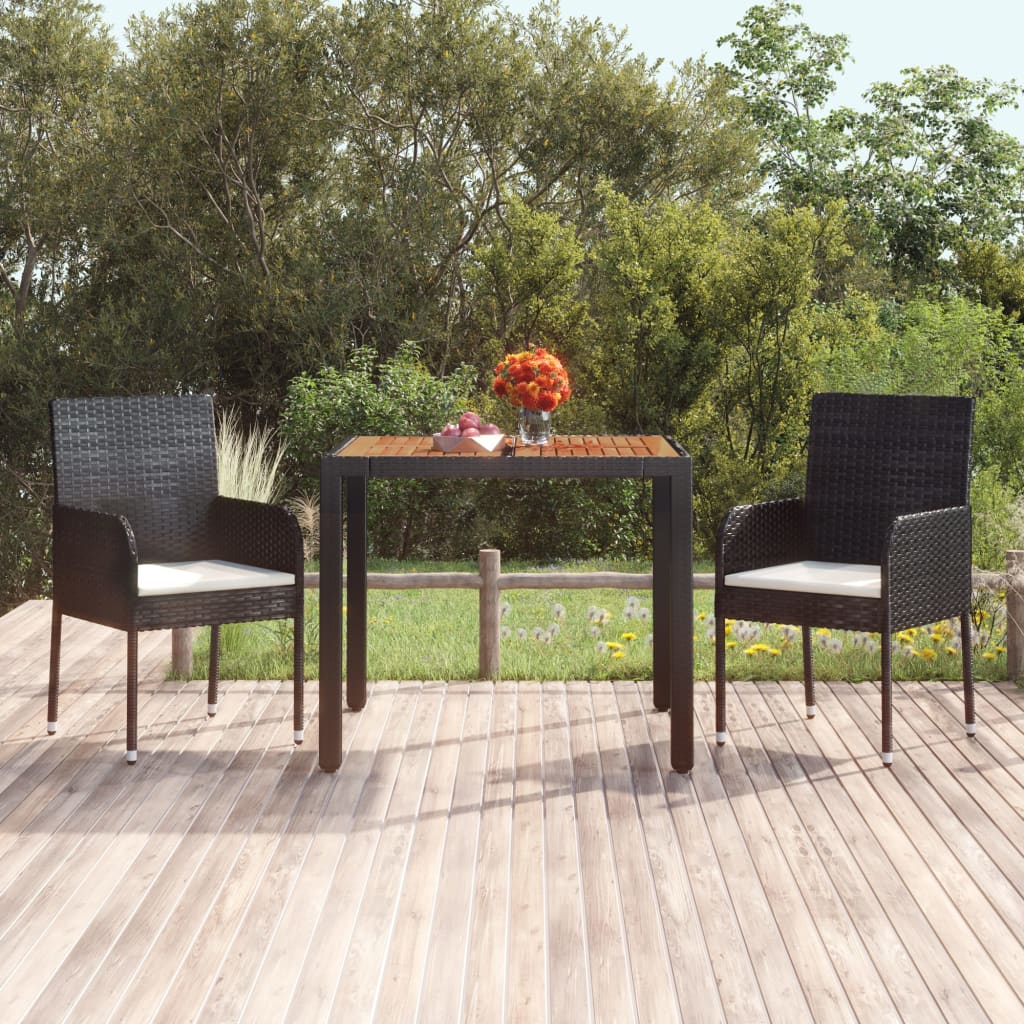 Mesa de jardim com tampo de madeira 90x90x75 cm vime PE preto